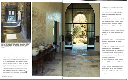 Antique thick Limestone slabs milled at 3" in thickness used as a bath tub surround in a master bathroom, salvaged from the bottom of farm house foundations